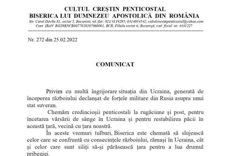 Comunicat Cultul Crestin Penticostal din Romania